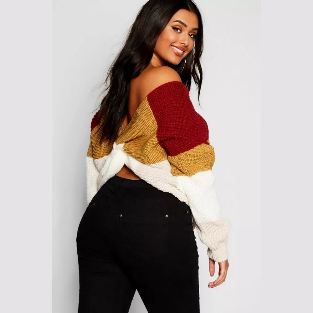 Boohoo Red Plus Stripe Knot Back Sweater